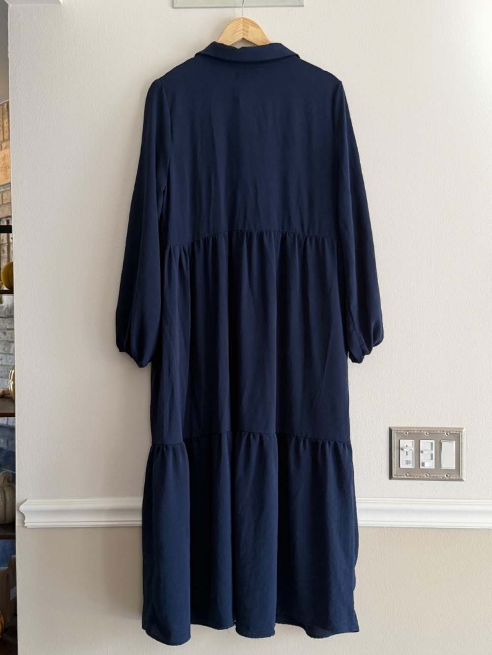 Rachel Zoe Midi Dress Tiered Skirt Navy Blue Long Sleeve Button Bodice Relaxed - Picture 9 of 16